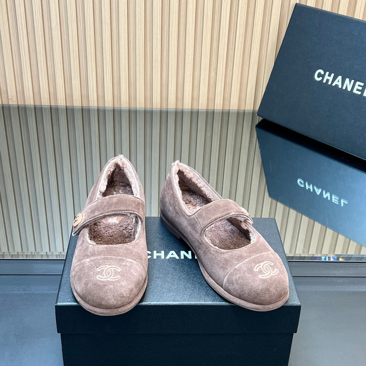 CHANEL 25S FURRY MARY JANE SHOES IN TAUPE GRAY SUEDE